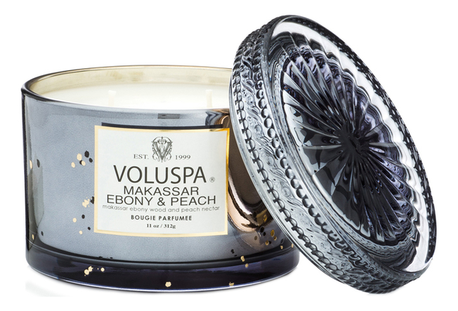 

Ароматическая свеча Makassar Ebony & Peach (черное дерево и персик): свеча в стеклянном подсвечнике с крышкой 312г, Ароматическая свеча Makassar Ebony & Peach (черное дерево и персик)
