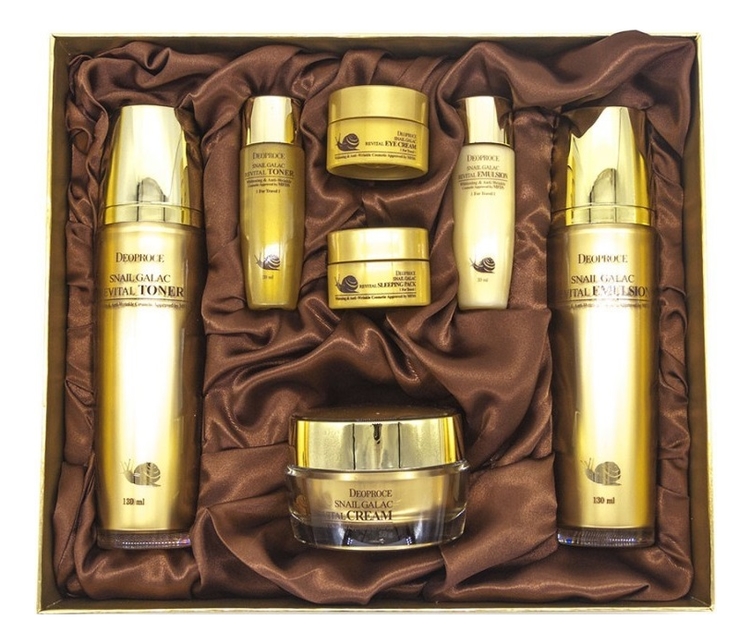 

Набор Snail Galac Revital Skin (тонер 130мл/30мл + эмульсия 130мл/30мл + крем д/лица 50мл + крем д/век 10мл + ночная маска 10мл)