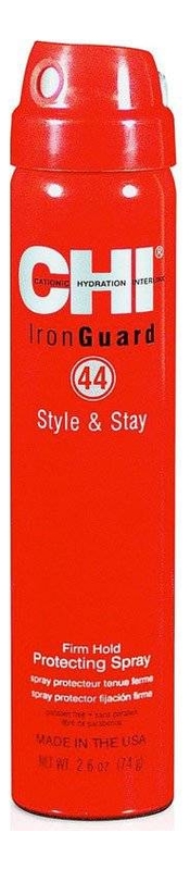 Термозащитный спрей сильной фиксации 44 Iron Guard Style & Stay Firm Hold Protecting Spray: Спрей 74мл профессиональная косметика для волос chi лак спрей для волос сильной фиксации термозащитный 44 iron guard style stay firm hold protecting spray