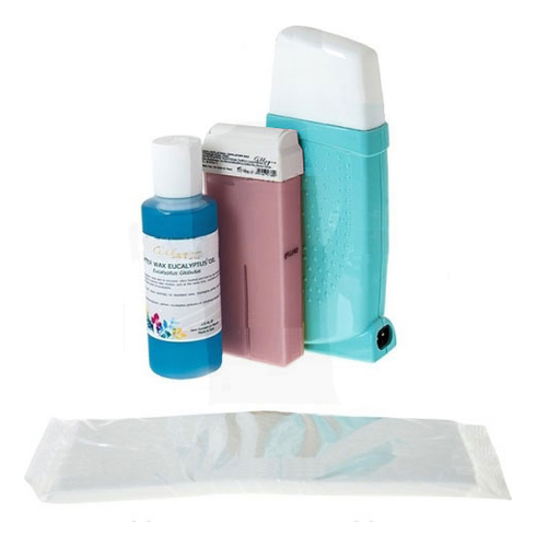 

Набор для депиляции Шоколадный (косметичка + нагреватель д/воска в картриджах 35W + картридж с воском Австралия 100мл + нетканые полосоки д/депиляции 20шт + масло после депиляции 125мл): Воскоплав бирюза, Набор для депиляции Шоколадный (косметичка + нагре