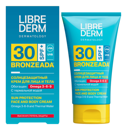 Librederm Солнцезащитный крем для лица и тела с Омега 3-6-9 и термальной водой Bronzeada Sun Protection SPF30+ 150мл