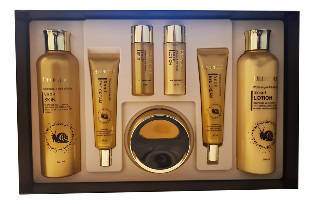 

Набор для лица Whitening & Anti-Wrinkle Snail 5 (крем 100мл + тоник 260/30мл + лосьон 260/30мл + крем д/кожи вокруг глаз 2*40мл)