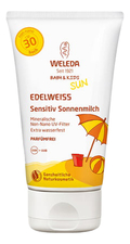 Weleda Солнцезащитный крем для младенцев и детей Baby & Kids Sun Edelweiss Sensitive Sun Milk SPF30 150мл