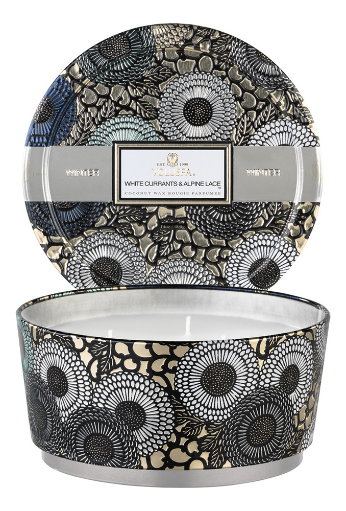 Ароматическая свеча White Currants & Alpine Lace (белая смородина и альпийские кружева): В алюминиевой банке с 3 фитилями 340г