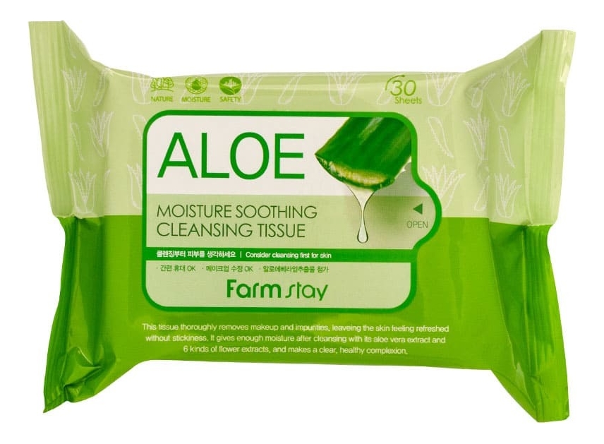 Влажные салфетки с экстрактом алоэ Aloe Moisture Soothing Cleansing Tissue 30шт салфетки для снятия макияжа farmstay очищающие увлажняющие салфетки с экстрактом алоэ aloe moisture soothing cleansing tissue