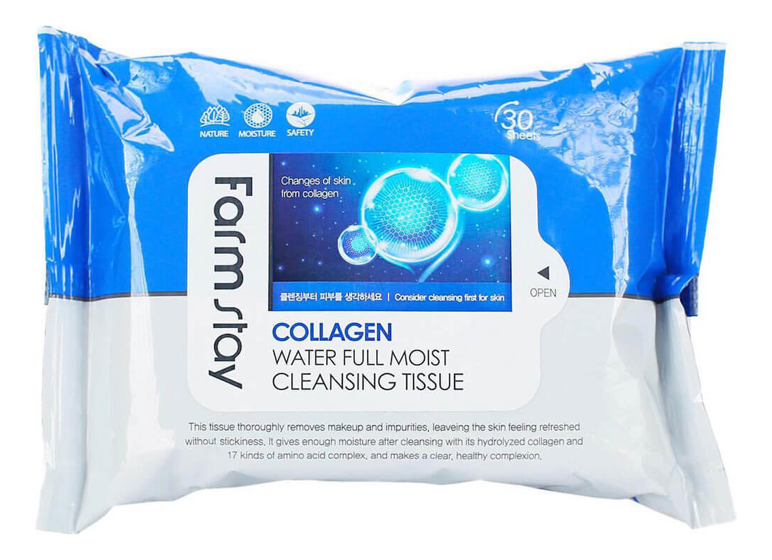 Влажные салфетки с коллагеном Collagen Water Full Moist Cleansing Tissue 30шт очищающие увлажняющие салфетки farmstay collagen water full moist cleansing tissue