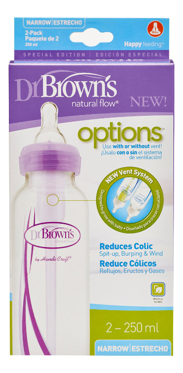 Бутылочка с узким горлышком антиколик Natural Flow Options SB82505 2*250мл (сиреневая), Dr. Brown's  - Купить