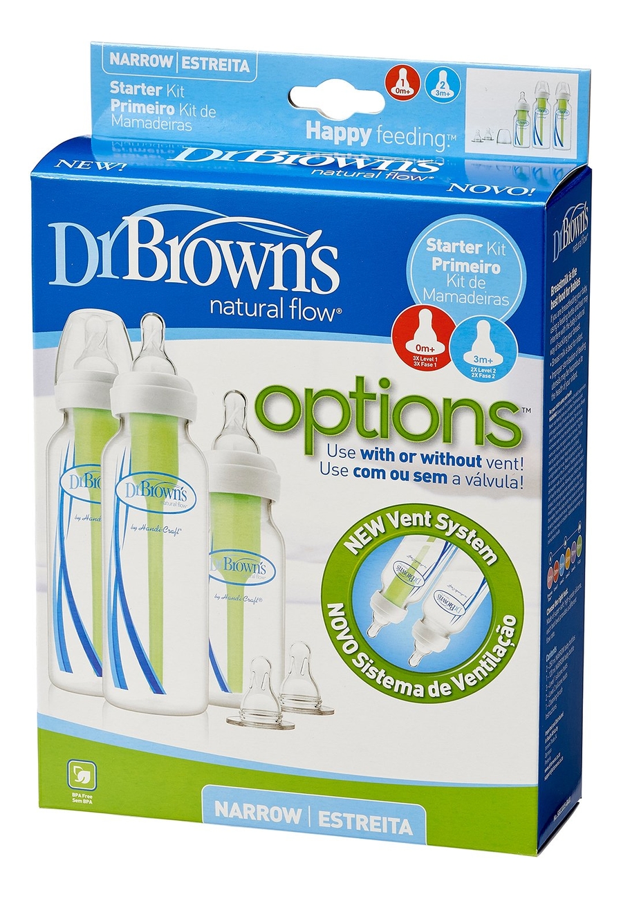Купить Набор бутылочек с узким горлышком Natural Flow Options SB03005 (2*250мл + 1*120мл + соска от 3 мес 2шт), Dr. Brown's