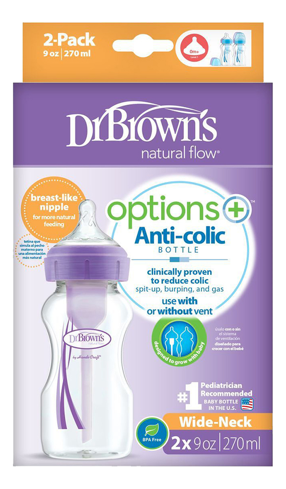 Купить Бутылочка с широким горлышком антиколик Natural Flow Options+ WB92603 2*270мл (сиреневая), Dr. Brown's