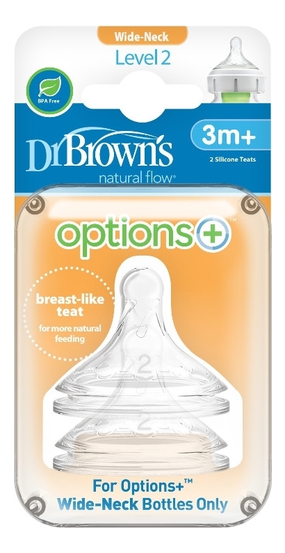 

Соски силиконовые к бутылочкам с широким горлышком Natural Flow Options+ WN2201 (от 3 мес, 2шт)