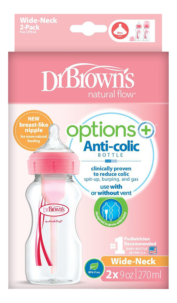 Бутылочка с широким горлышком антиколик Natural Flow Options+ WB92601 2*270мл (розовая) от Randewoo