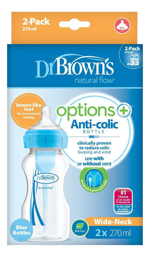

Бутылочка с широким горлышком антиколик Natural Flow Options+ WB92602 2*270мл (синяя)