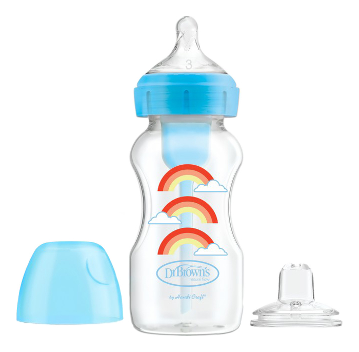 Бутылочка с широким горлышком антиколик + соска от 6 месяцев Natural Flow Options+ WB91605 (синие радужки)