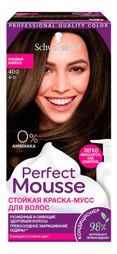 

Стойкая крем-краска для волос Perfect Mousse 92,5мл: 400 Холодный эспрессо, Стойкая крем-краска для волос Perfect Mousse 92,5мл