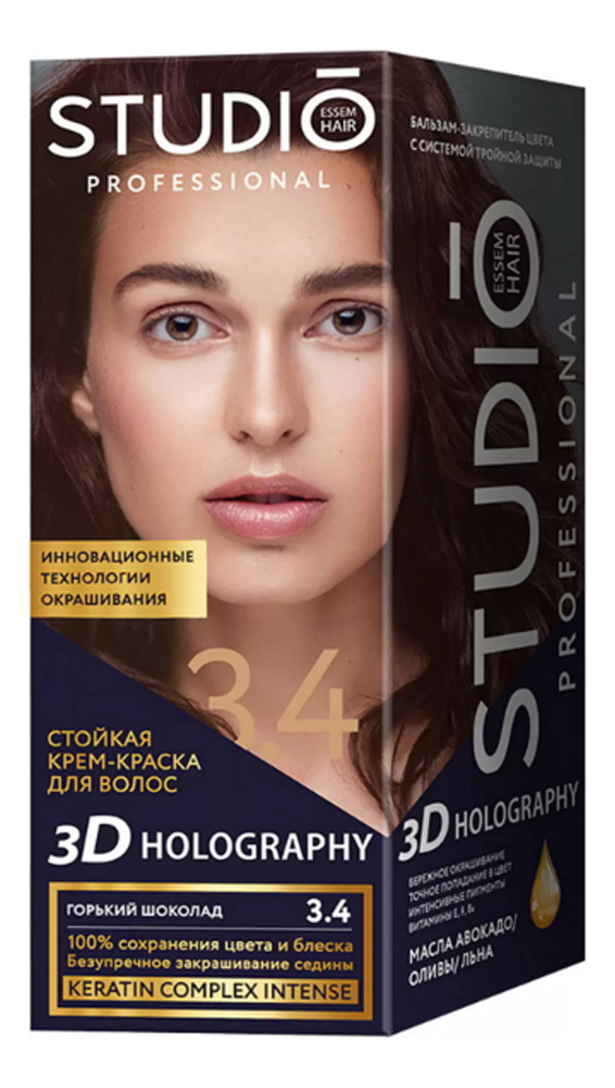 

Стойкая крем-краска для волос 3D Holography: 3.4 Горький шоколад, Стойкая крем-краска для волос 3D Holography