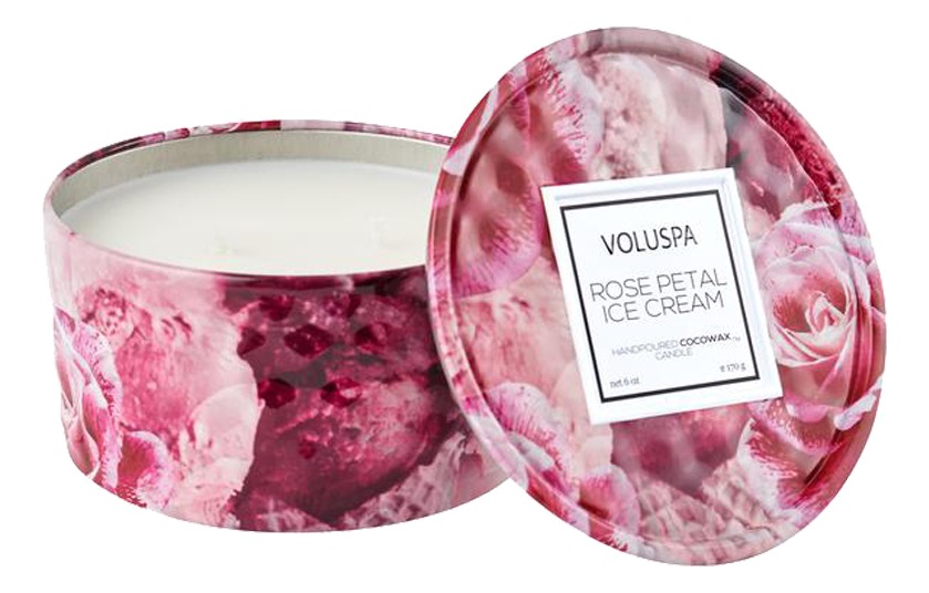 

Ароматическая свеча Rose Petal Ice Cream (мороженное с лепестками роз): свеча в металлическом подсвечнике с крышкой и 2 фитилями 170г, Ароматическая свеча Rose Petal Ice Cream (мороженное с лепестками роз)