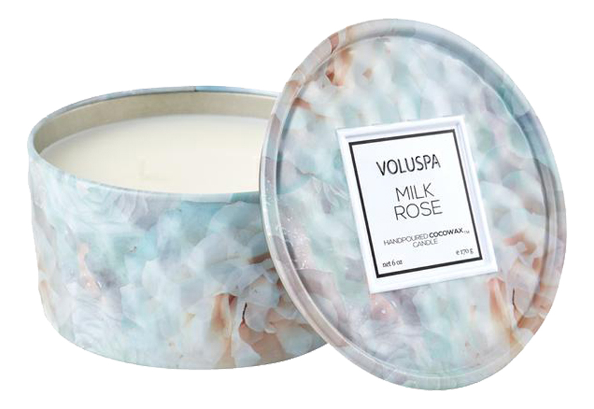 

Ароматическая свеча Milk Rose (молочная роза): свеча в металлическом подсвечнике с крышкой и 2 фитилями 170г, Ароматическая свеча Milk Rose (молочная роза)