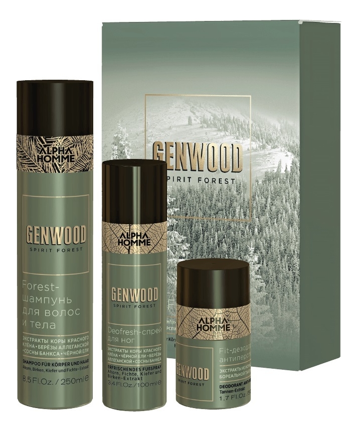 

Набор Alpha Homme Genwood Fresh (шампунь д/волос и тела Forest 250мл + спрей для ног Deofresh 100мл + дезодорант антиперспирант Fit 50мл)