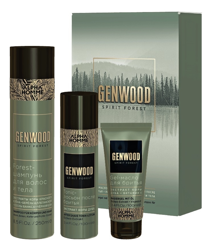 Набор Alpha Homme Genwood Shave (шампунь д/волос и тела Forest 250мл + гель-масло д/бритья Gel 100мл + лосьон после бритья Tonic 100мл) набор alpha homme still шампунь д волос с охлаждающим эффектом 250мл гель для бритья 100мл лосьон после бритья 100мл