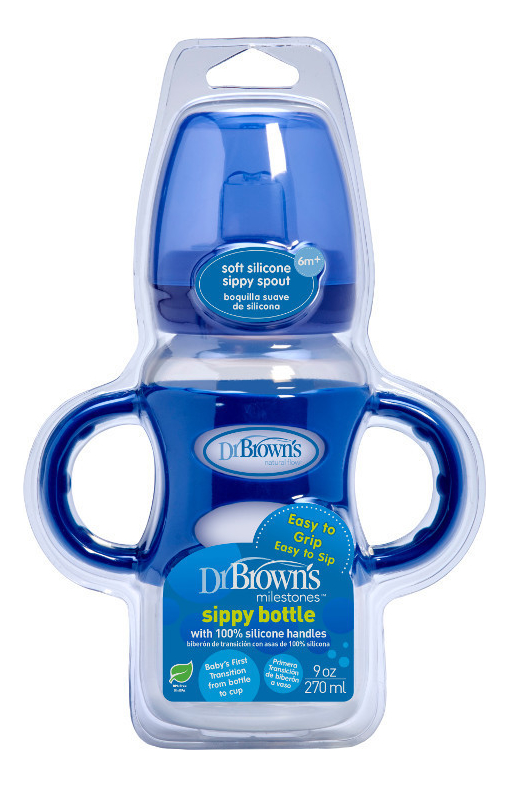 Купить Поильник с силиконовыми ручками Natural Flow Milestones Sippy Bottle WB91003 270мл (синий, совместимый с бутылочкой Options+ с широким горлышком), Dr. Brown's