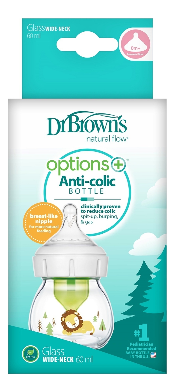 Купить Бутылочка с широким горлышком антиколик Natural Flow Options WB21600 60мл (соска для недоношенных, львенок), Dr. Brown's