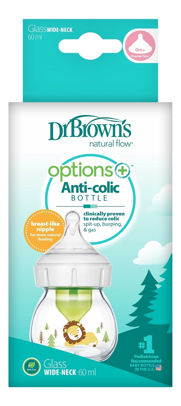 

Бутылочка с широким горлышком антиколик Natural Flow Options WB21600 60мл (соска для недоношенных, львенок)