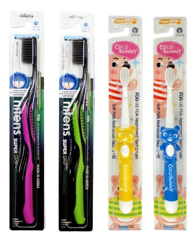 Набор мягких зубных щеток Семейный (для детей 3-8 лет 2шт + для взрослых с древесным углем и изогнутой ручкой 2шт)