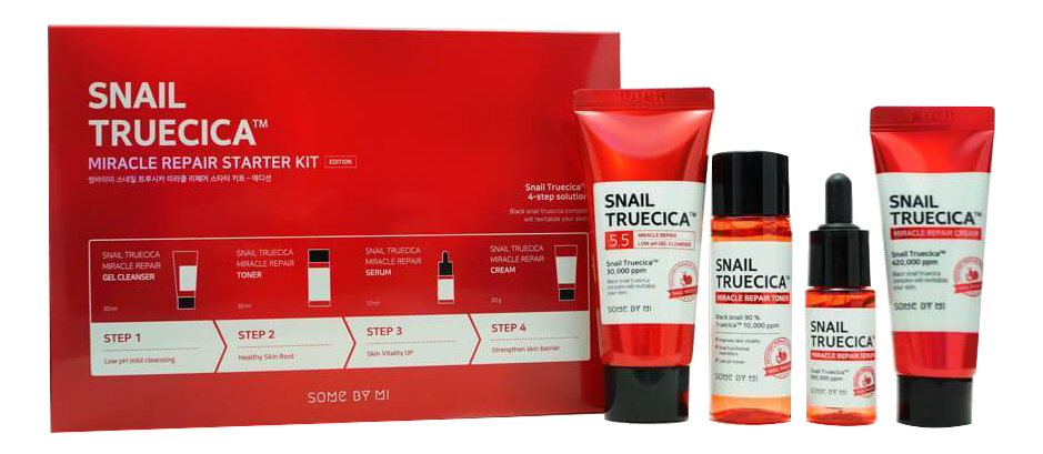 

Набор для лица Snail Truecica Miracle Repair Starter (гель 30мл + тонер 30мл + сыворотка 10мл + крем 20мл)