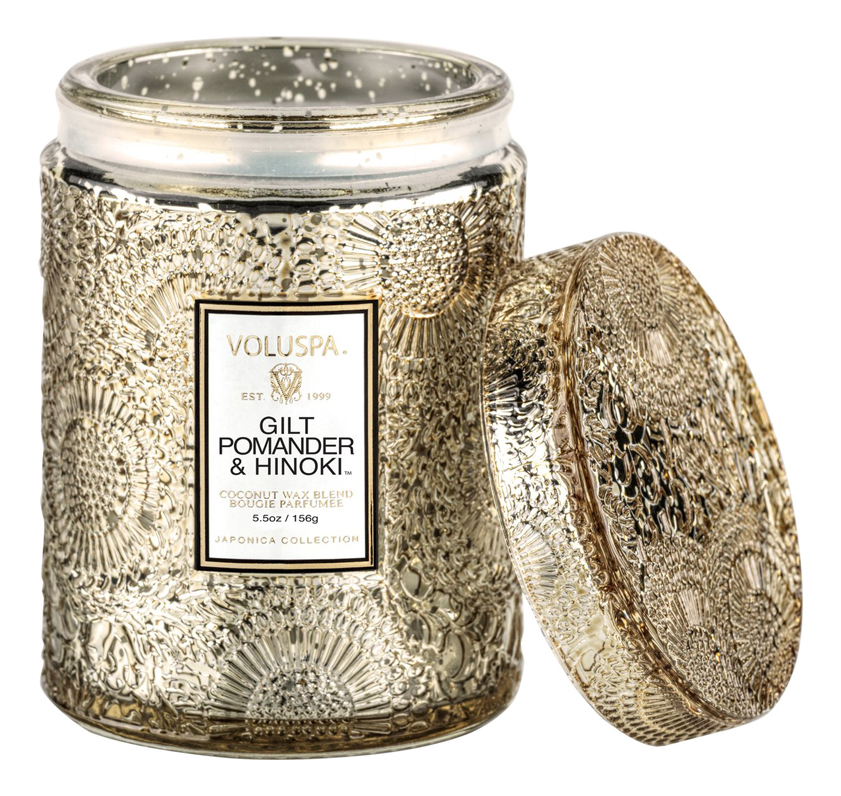Ароматическая свеча Gilt Pomander Hinoki (позолоченый помандер и японский кипарис Хиноки): свеча в маленькой стеклянной банке с крышкой 156г