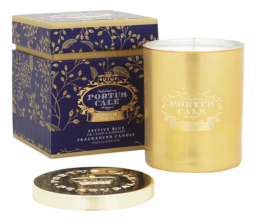 

Ароматическая свеча Festive Blue: свеча в золотом подсвечнике, Ароматическая свеча Festive Blue