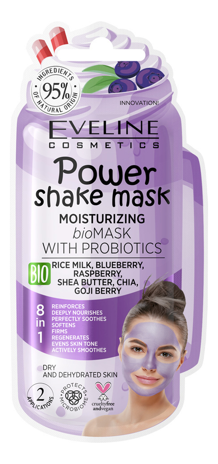 Bio маска для лица с пробиотиками Увлажняющая Power Shake Mask Moisturizing 10мл: Маска 1шт маска для лица eveline power shake с пробиотиками и рисовым молочком интенсивно увлажняющая 8 мл