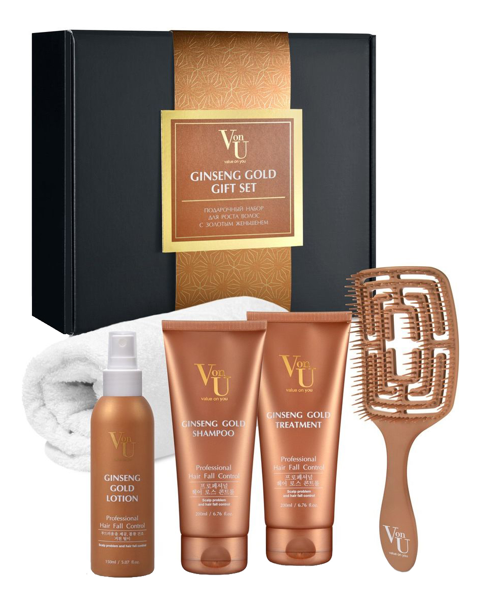 

Набор для волос Ginseng Gold Gift (шампунь 200мл + кондиционер 200мл + лосьон 150мл + расческа + полотенце)