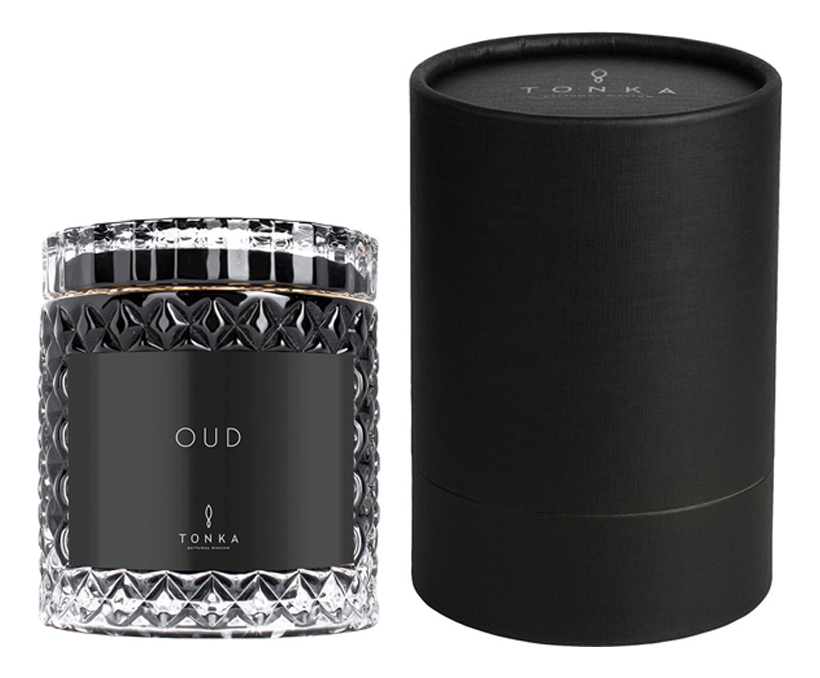 Ароматическая свеча Oud: свеча 220г (черный подсвечник) тубус цена и фото