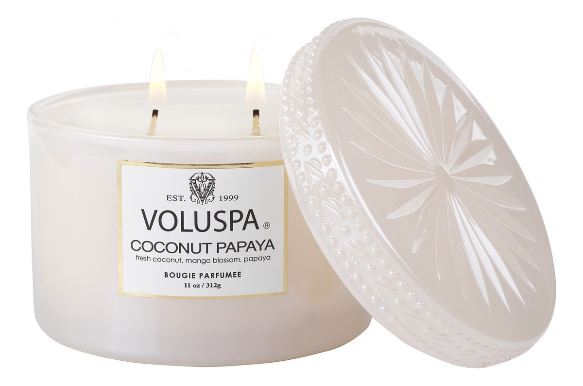 

Ароматическая свеча Coconut Papaya (кокос и папайя): свеча в стеклянном подсвечнике с 2 фитилями 312г, Ароматическая свеча Coconut Papaya (кокос и папайя)