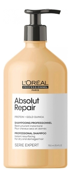 Шампунь для сильно поврежденных волос Serie Expert Absolut Repair Protein + Gold Quinoa Shampooing: Шампунь 750мл восстанавливающий кондиционер для сильно поврежденных волос serie expert absolut repair protein gold quinoa кондиционер 750мл