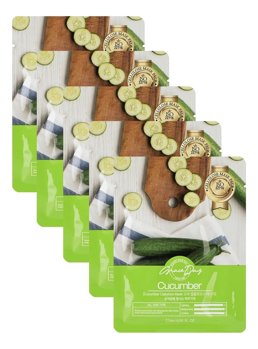 

Тканевая маска для лица Cucumber Cellulose Mask 27мл: Маска 5шт, Тканевая маска для лица Cucumber Cellulose Mask 27мл