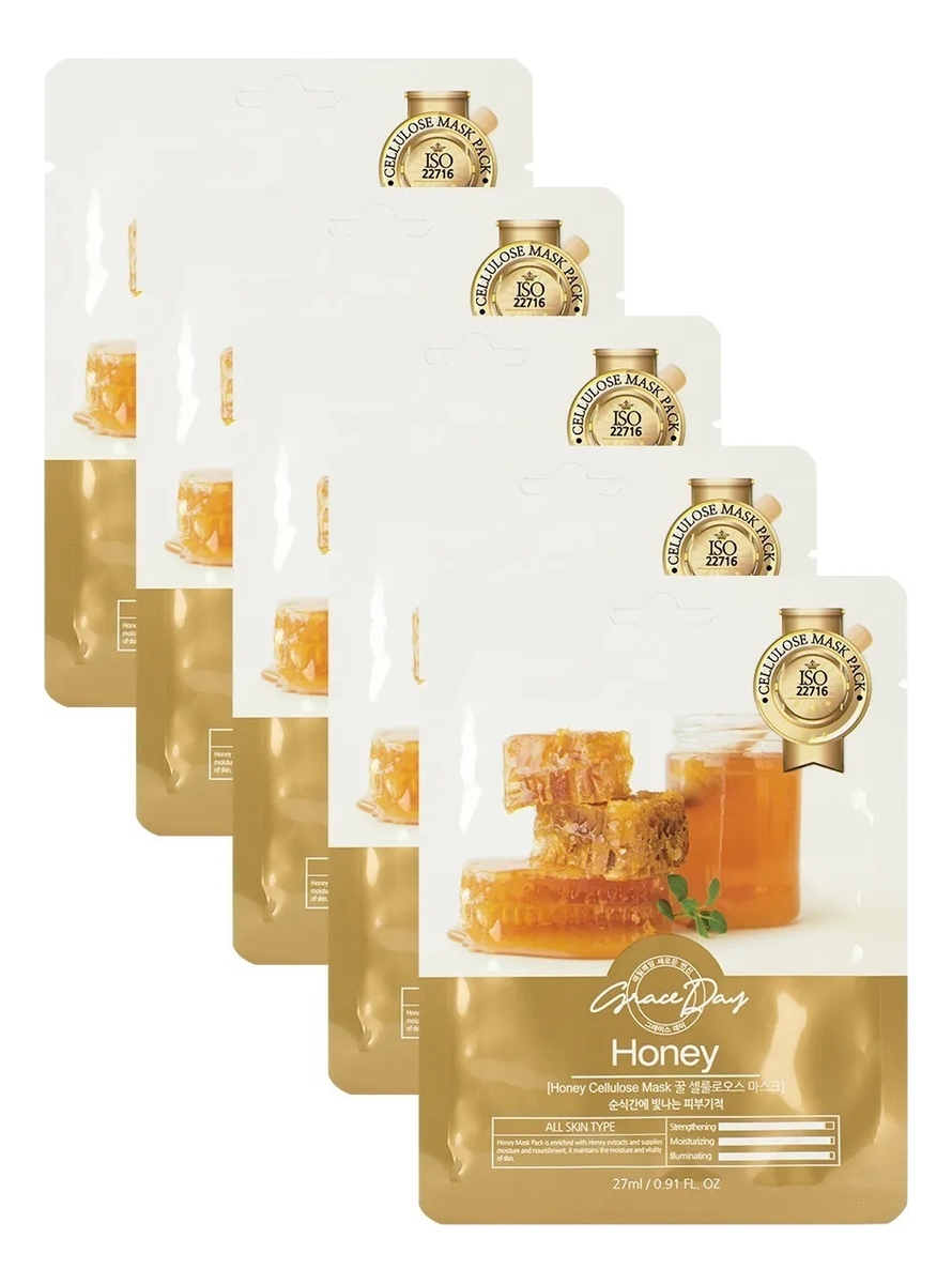 

Тканевая маска для лица с медом Honey Cellulose Mask 27мл: Маска 5шт, Тканевая маска для лица с медом Honey Cellulose Mask 27мл
