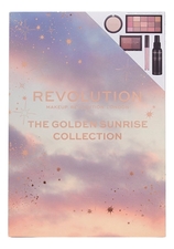 Makeup Revolution Набор для макияжа The Golden Sunrise Collection (тени д/век Reloaded Golden Down 16,5г + бронзер Summer Love 3,5г + 2г + блеск д/губ Sundown 2,5мл + хайлайтер Overglow 6,5г + спрей д/фиксации макияжа Golden Down 100мл)