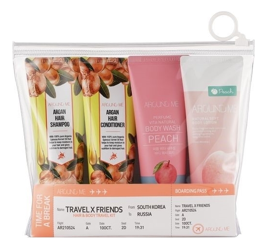 

Набор Around Me Travel X Friends 4*70мл (шампунь д/волос Argan Hair Shampoo + кондиционер Argan Hair Conditioner + гель д/душа Natural Perfume Vita Body Wash Peach + лосьон д/тела Natural Soft Body Lotion Peach)
