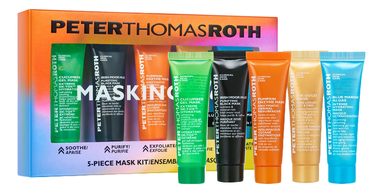 

Набор для лица Masking Mini 5*14мл (маска с энзимами тыквы Pumpkin Enzyme + маска с золотом 24K Gold + гелевая маска Cucumber + маска с грязью моховых болот Irish Moor Mud + маска с морскими водорослями Blue Marine Algae)