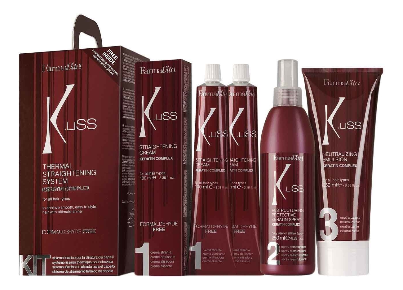 

Набор для теплового выпрямления с кератином K.Liss Termal Straightening System (выпрямляющий крем 2*100мл + нейтрализующая эмульсия 250мл + спрей для реконструкции 250мл)