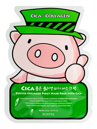 тканевая маска для лица с экстрактом центеллы азиатской collagen piggy mask pack with cica 23мл маска 1шт Тканевая маска для лица с экстрактом центеллы азиатской Collagen Piggy Mask Pack with Cica 23мл: Маска 1шт