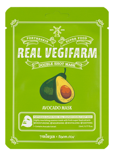 тканевая маска для лица с экстрактом томата super food real vegifarm double shot mask tomato 23мл маска 1шт Тканевая маска для лица с экстрактом авокадо Super Food Real Vegifarm Double Shot Mask Avocado 23мл: Маска 1шт