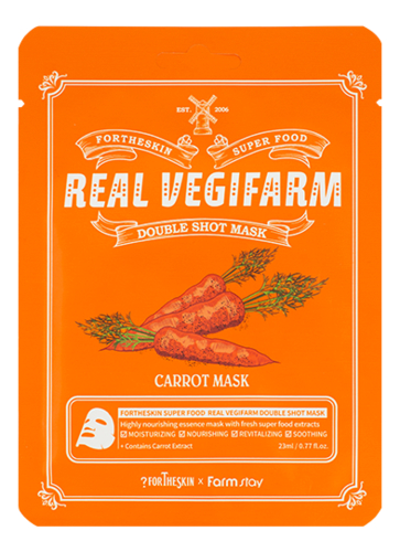 тканевая маска для лица с экстрактом томата super food real vegifarm double shot mask tomato 23мл маска 1шт Тканевая маска для лица с экстрактом моркови Super Food Real Vegifarm Double Shot Mask Carrot 23мл: Маска 1шт