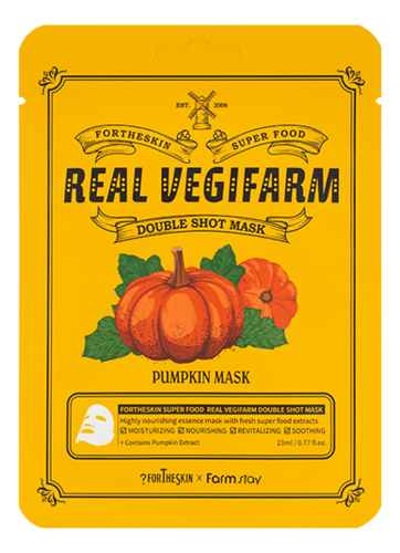цена Тканевая маска для лица с экстрактом тыквы Super Food Real Vegifarm Double Shot Mask Pumpkin 23мл: Маска 1шт