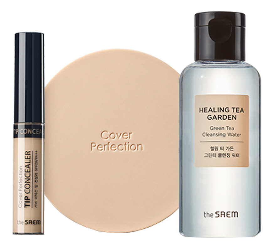 Набор Cover Perfection 10th Anniversary Edition Color (консилер Cover Perfection Tip Concealer 6,5г + консилер-кушон Cover Perfection Concealer Cushion 12г + очищающая вода Healing Tea Garden Green Tea Cleansing Water 150мл): 01. Clear Beige набор консилер кушон и очищающая вода cover perfection 10th anniversary edition color 01 clear beige the saem