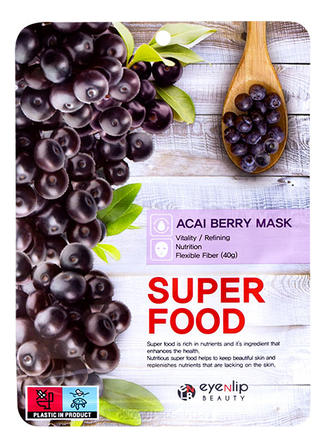 Тканевая маска для лица с экстрактом ягод асаи Super Food Acai Berry Mask 23мл тканевая маска для лица с экстрактом ягод асаи eyenlip super food acai berry mask