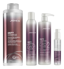 JOICO Набор для волос Сияние и защита Defy Damage (спрей Color Optimizer Spray 358мл + маска Color Treatment 500мл + шампунь Protective Shampoo 1000мл + крем Protective Shield 100мл)