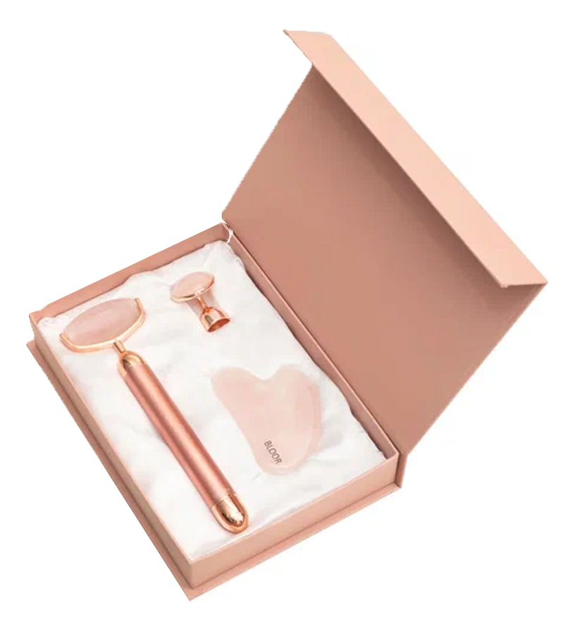 Набор гуаша для лица из натурального розового кварца (роллер с функцией вибрации + скребок сердце)