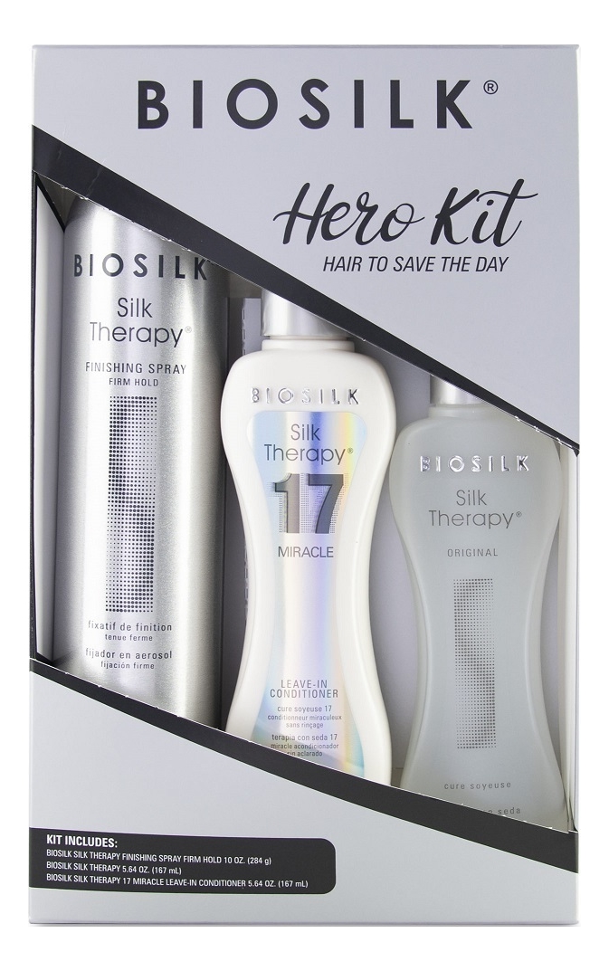 Набор для волос Шелковая терапия BioSilk Hero (лак сильной фиксации 284г + несмываемый кондиционер 167мл + гель восстанавливающий 167мл)